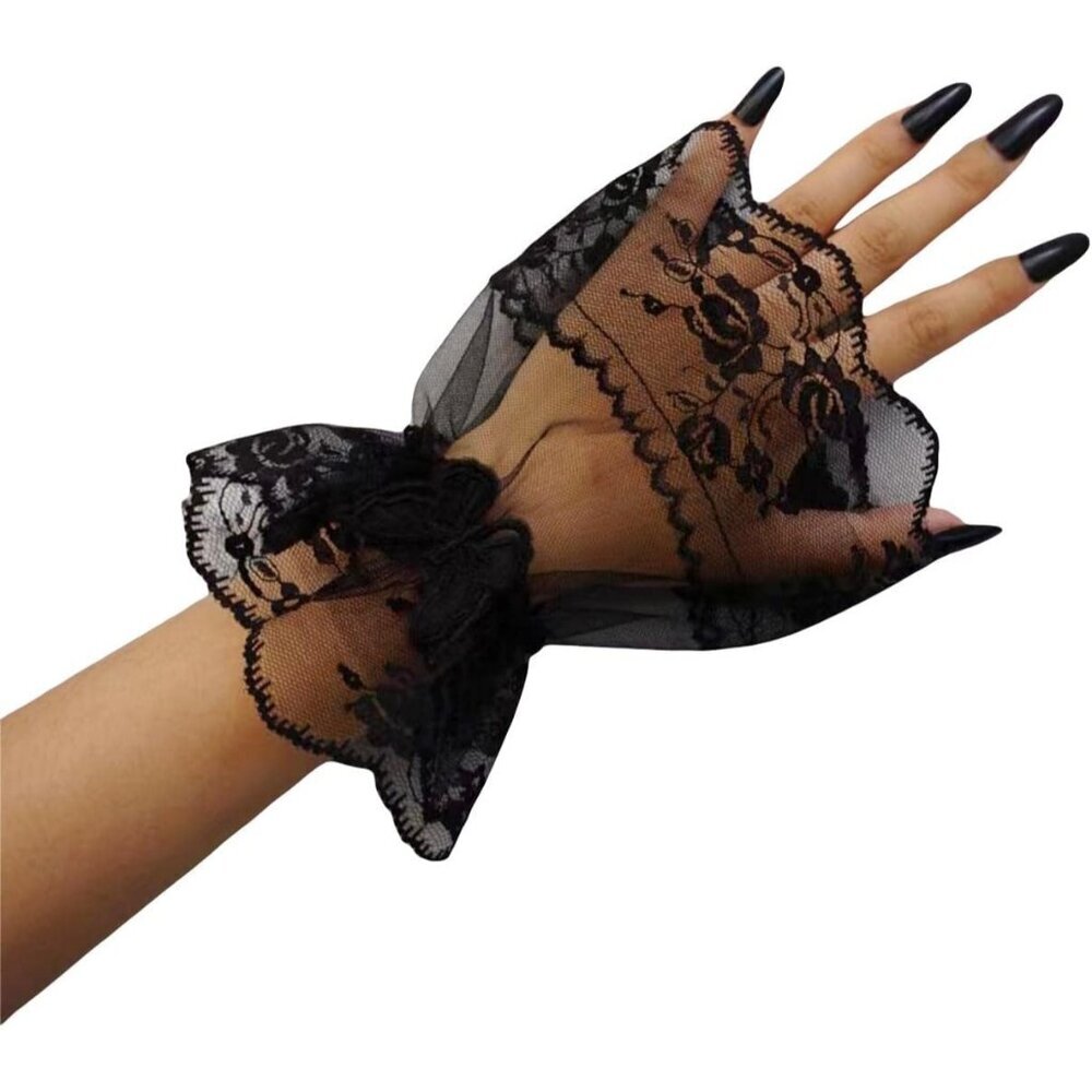 Women's Front Wrist Cuff Floral Lace Bow Wrist Black Butterfly Prom Gloves